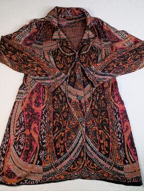 Peruvian Connection M Paisley Tribal Alpaca Wool Sweater Cardigan FLAW HOLES